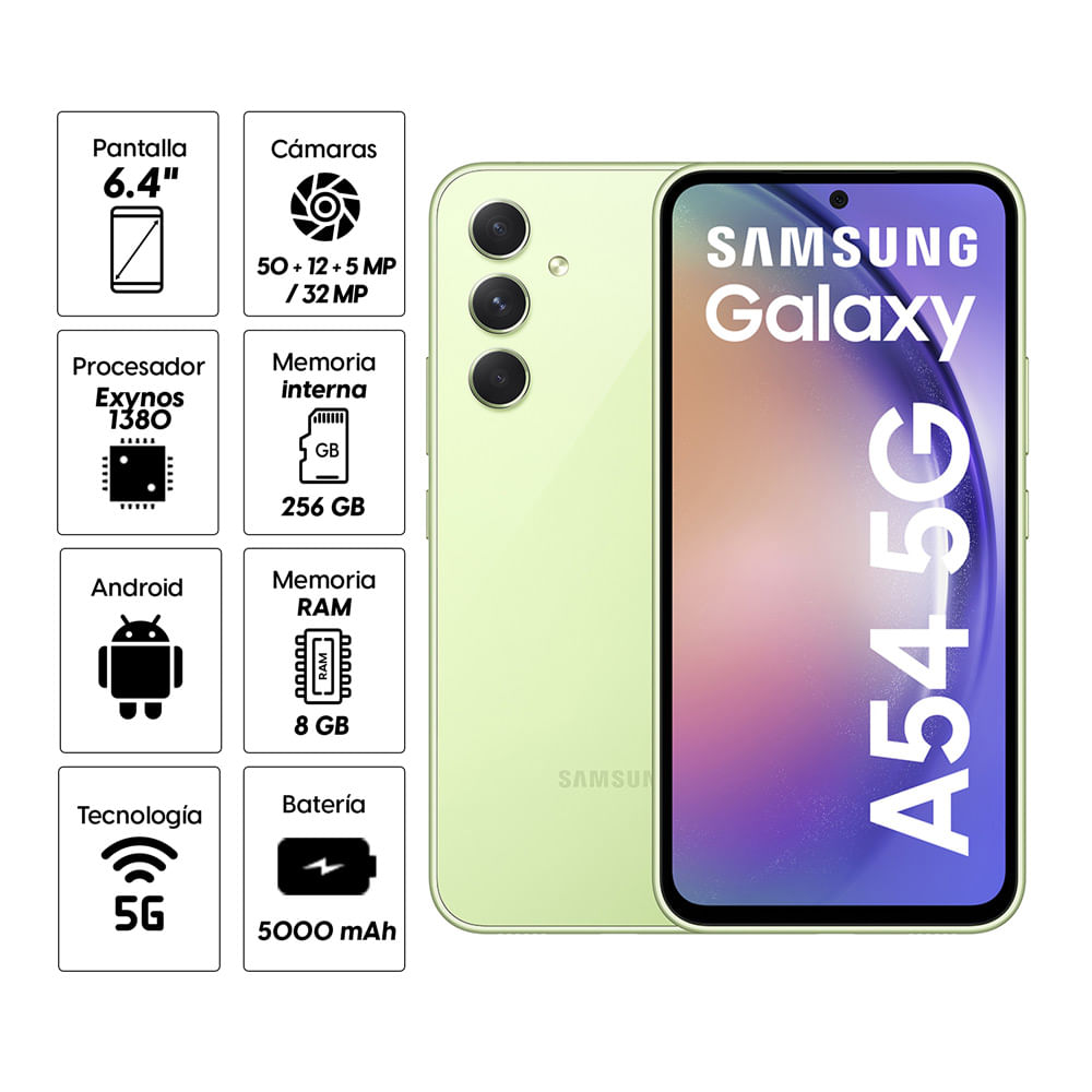 Imagen 2 del producto Celular Samsung A54 5G 256GB, 8GB RAM, cámara trasera 50 MP y cámara frontal 32MP, 6.4"", verde