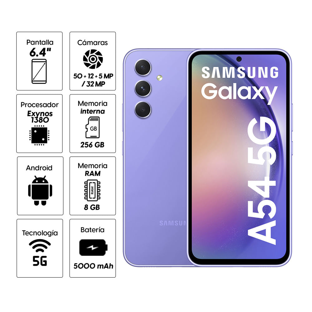 Imagen 2 del producto Celular Samsung A54 5G 256GB, 8GB RAM, cámara trasera 50 MP y cámara frontal 32MP, 6.4"", violeta