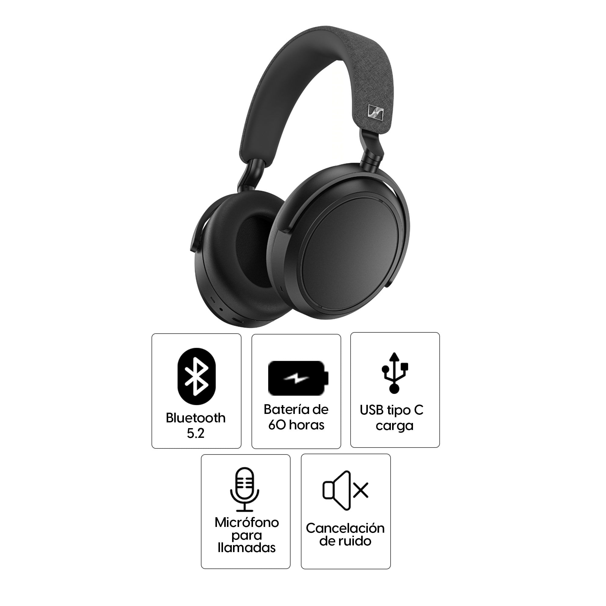 Imagen 2 del producto Audífonos con cancelación de ruido Sennheiser Momentum 4 micrófono incorporado, máx. 60 horas, control de música y llamadas, negro