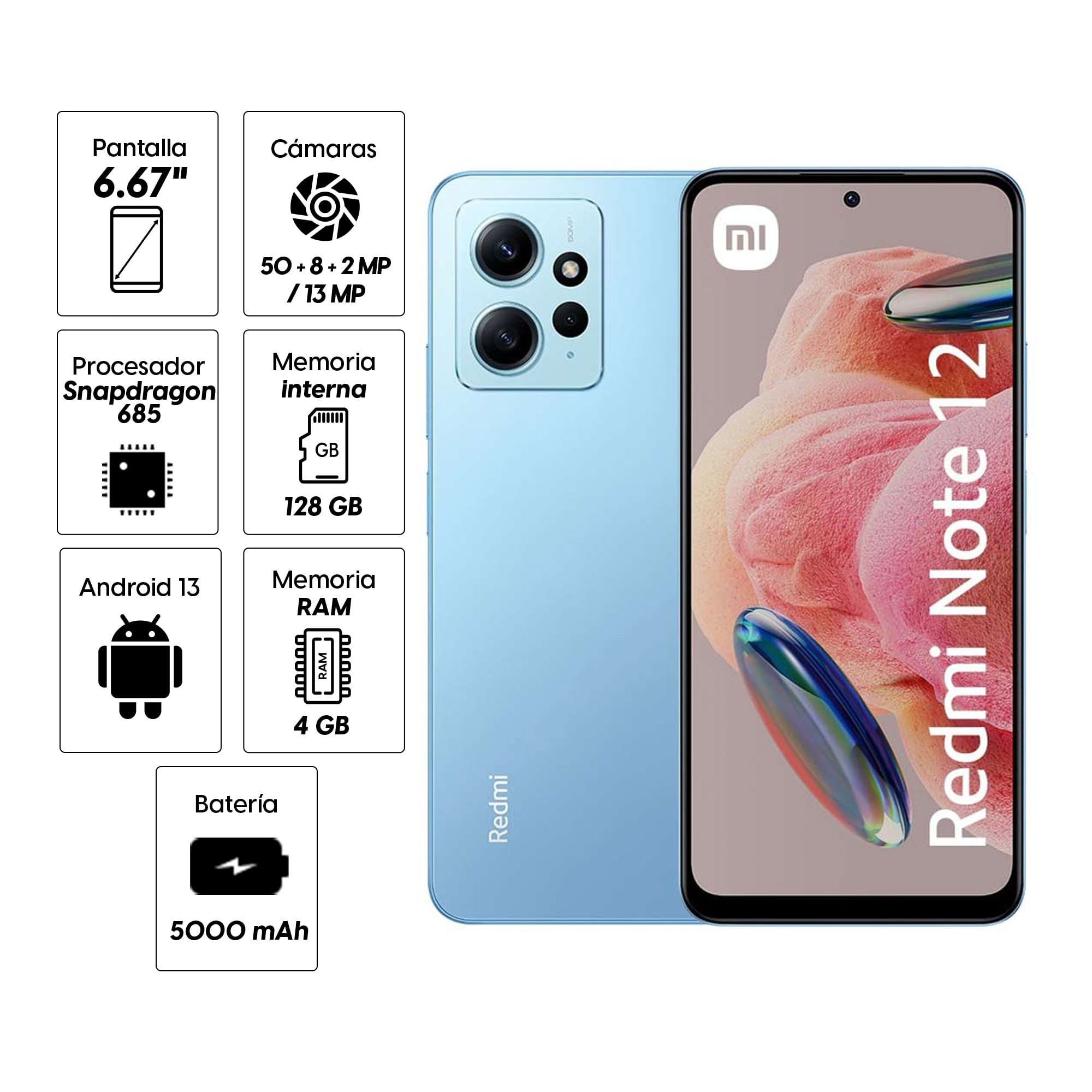 Imagen 2 del producto Celular Xiaomi Redmi Note 12 128GB, 4GB RAM, cámara trasera 50 MP y frontal 13MP, 6.67"", azul hielo