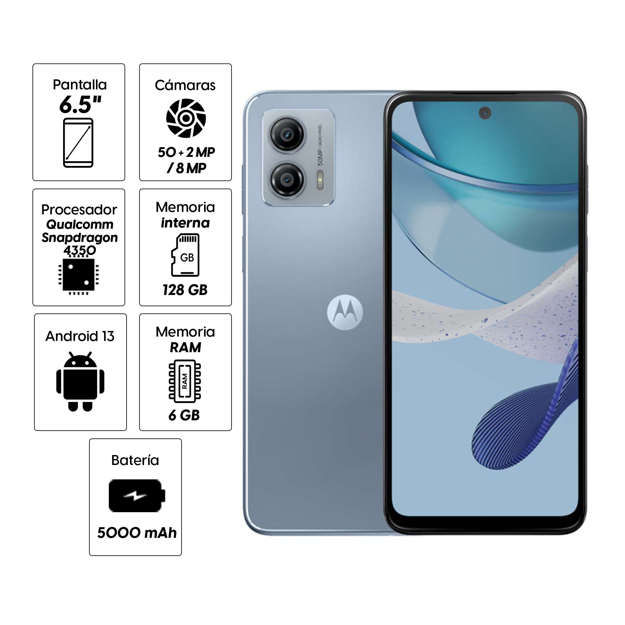 Imagen 2 del producto Celular Motorola G53 128GB, 6GB RAM, cámara trasera 50MP y frontal 8MP, 6.5"", plata ártica