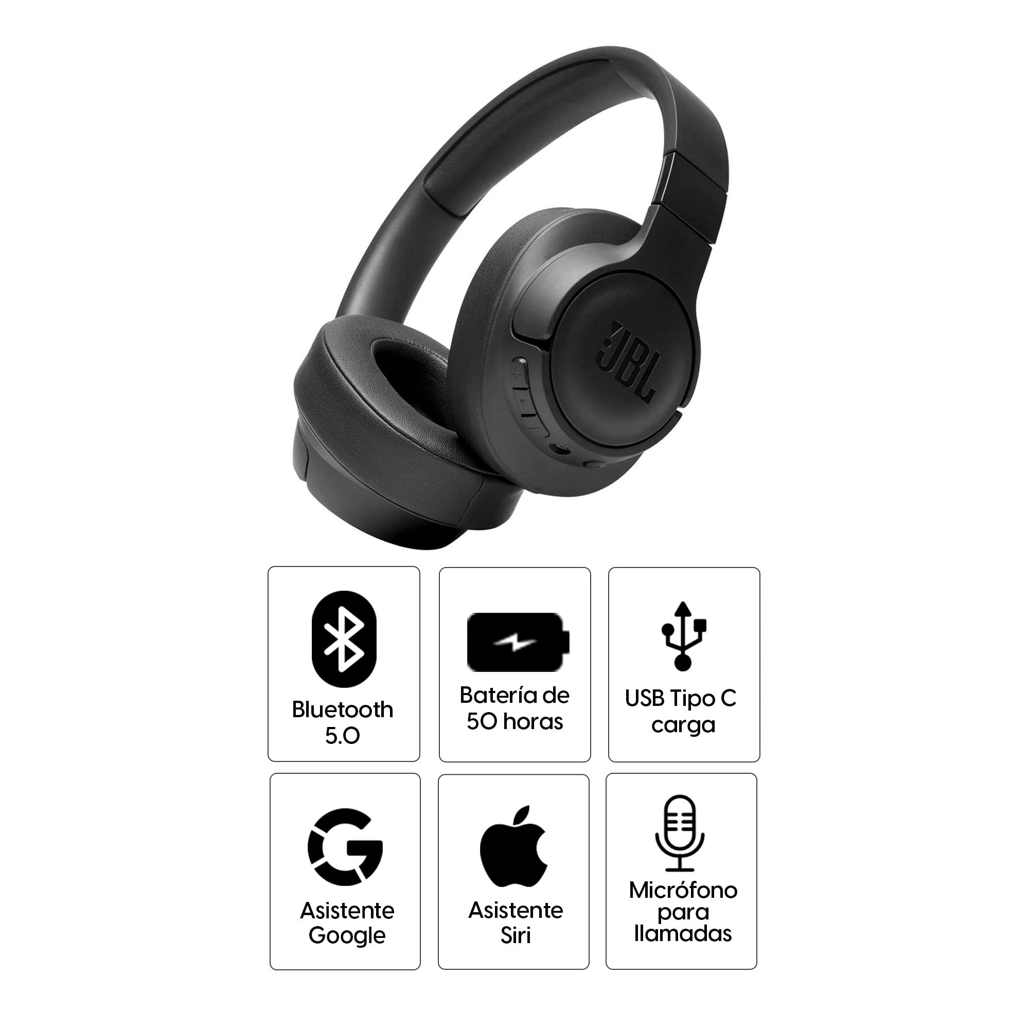 Imagen 2 del producto Audífonos bluetooth on ear JBL T710 Pure Bass micrófono incorporado, máx. 50 horas, control de música y llamadas, negro