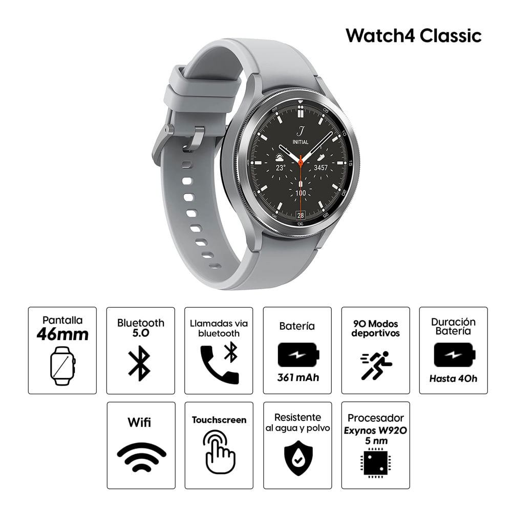 Imagen 2 del producto Smartwatch Samsung Galaxy Watch 4 Classic bluetooth, resistente al agua, máx 40 horas, modos deportivos, 46mm, plateado