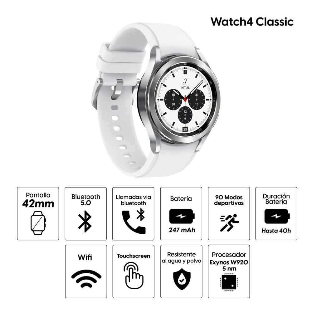 Imagen 2 del producto Smartwatch Samsung Galaxy Watch 4 Classic bluetooth, resistente al agua, máx 40 horas, modos deportivos, 42mm, silver blanco