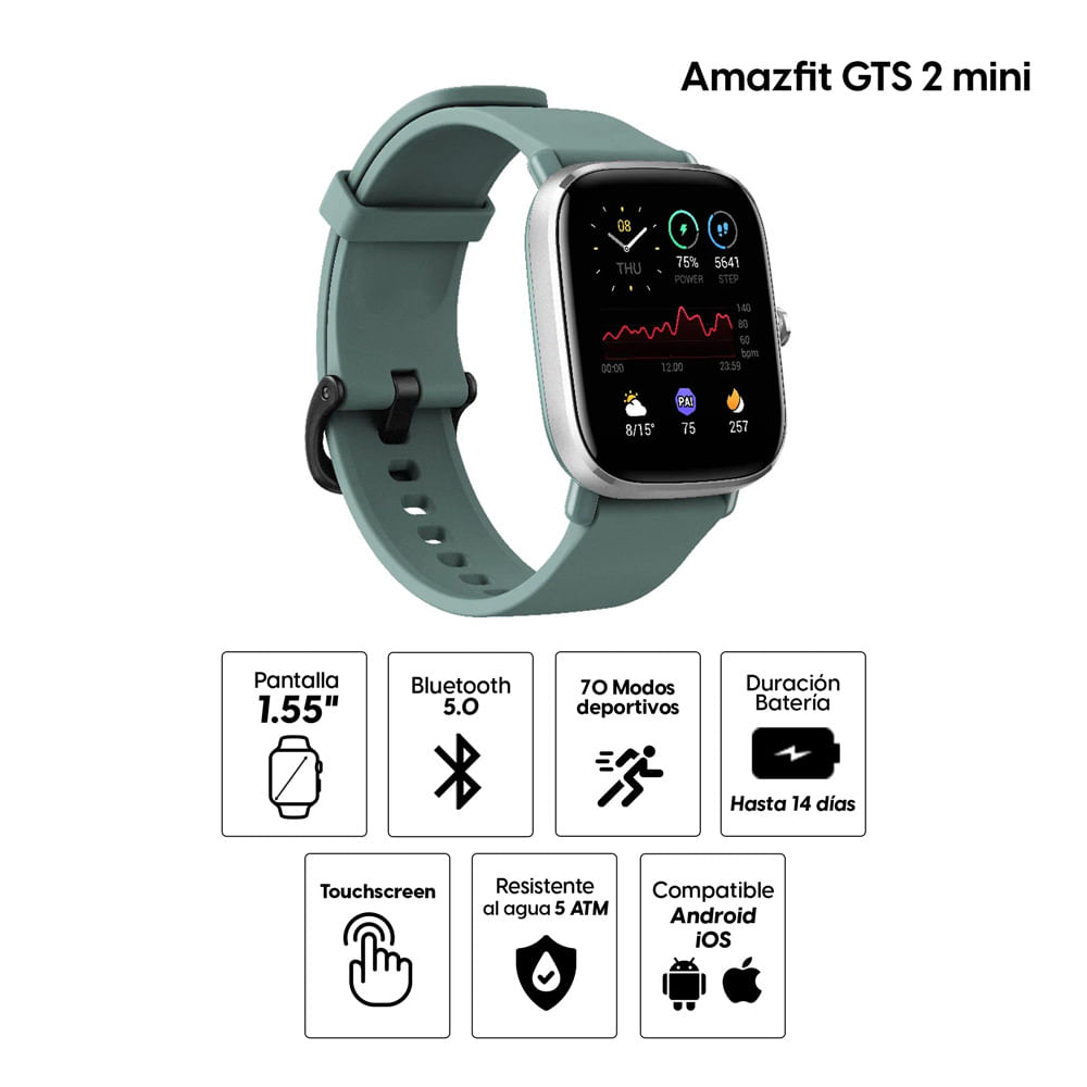 Imagen 2 del producto Smartwatch Amazfit GTS 2 Mini resistente al agua 5ATM, más 14 días, 70 modos deportivos, 1.55"", verde