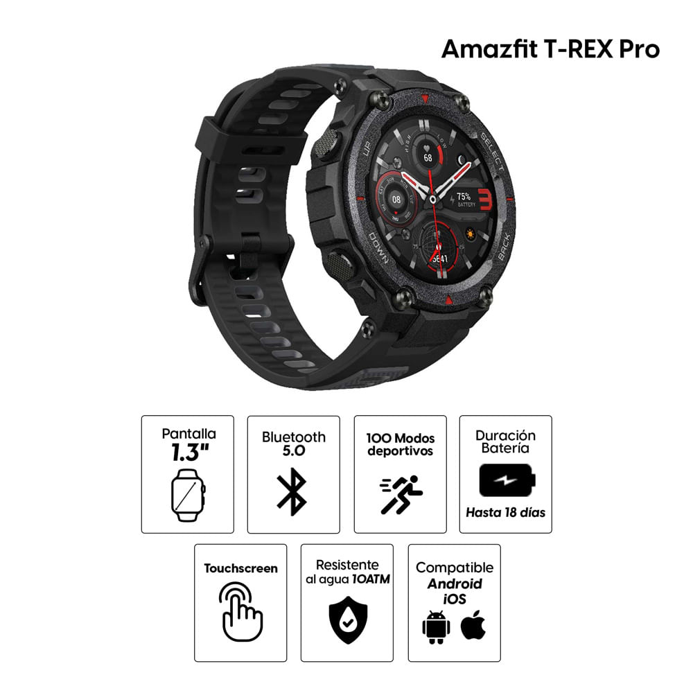 Imagen 2 del producto Smartwatch Amazfit T-REX Pro resistente al agua 10ATM, máx 14 días, 100 modos deportivos, 1.3"", negro
