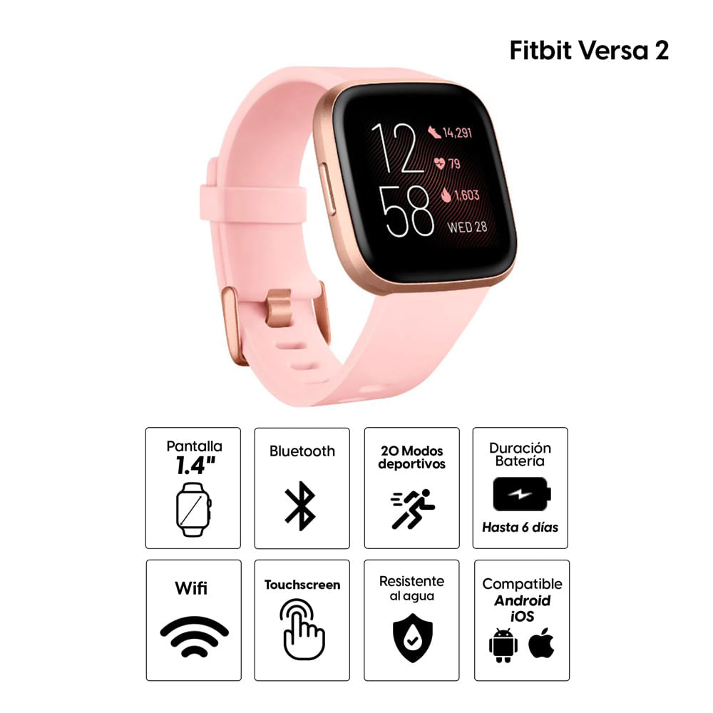 Imagen 2 del producto Smartwatch Fitbit Versa 2, resistente al agua, máx. 6 días, 1.4"", rosado
