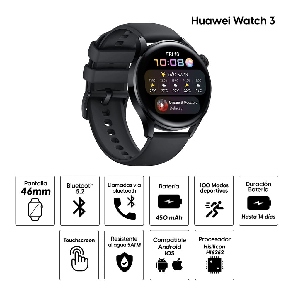 Imagen 2 del producto Smartwatch Huawei Watch 3 gps, resistente al agua, máx. 14 días, modos deportivos, 1.4"", negro