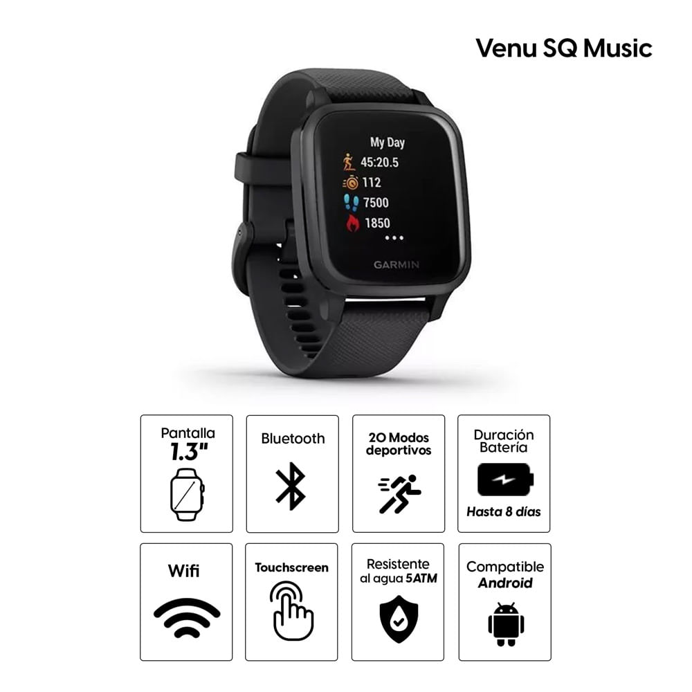 Imagen 2 del producto Smartwatch Garmin Venu SQ Music, gps, resistente al agua 5 ATM, máx. 6 días, negro