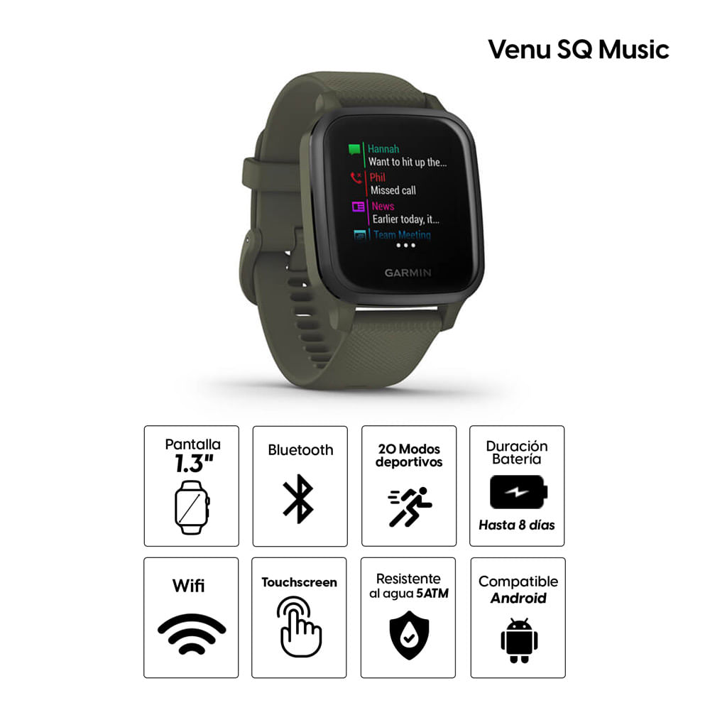 Imagen 2 del producto Smartwatch Garmin Venu SQ Music, gps, 1.3"", resistente al agua 5ATM, máx. 6 días, verde