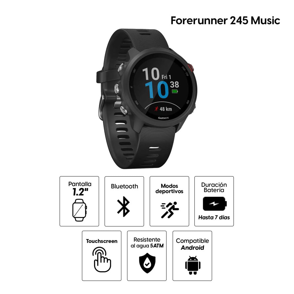 Imagen 2 del producto Smartwatch Garmin Forerunner 245 Music, gps, resistente al agua 5 ATM, máx. 7 días, negro