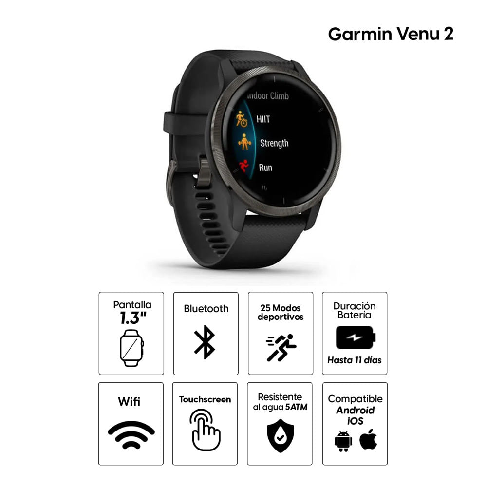 Imagen 2 del producto Smartwatch Garmin Venu 2 gps,  1.3"", resistente al agua 5ATM, máx. 11 días, negro