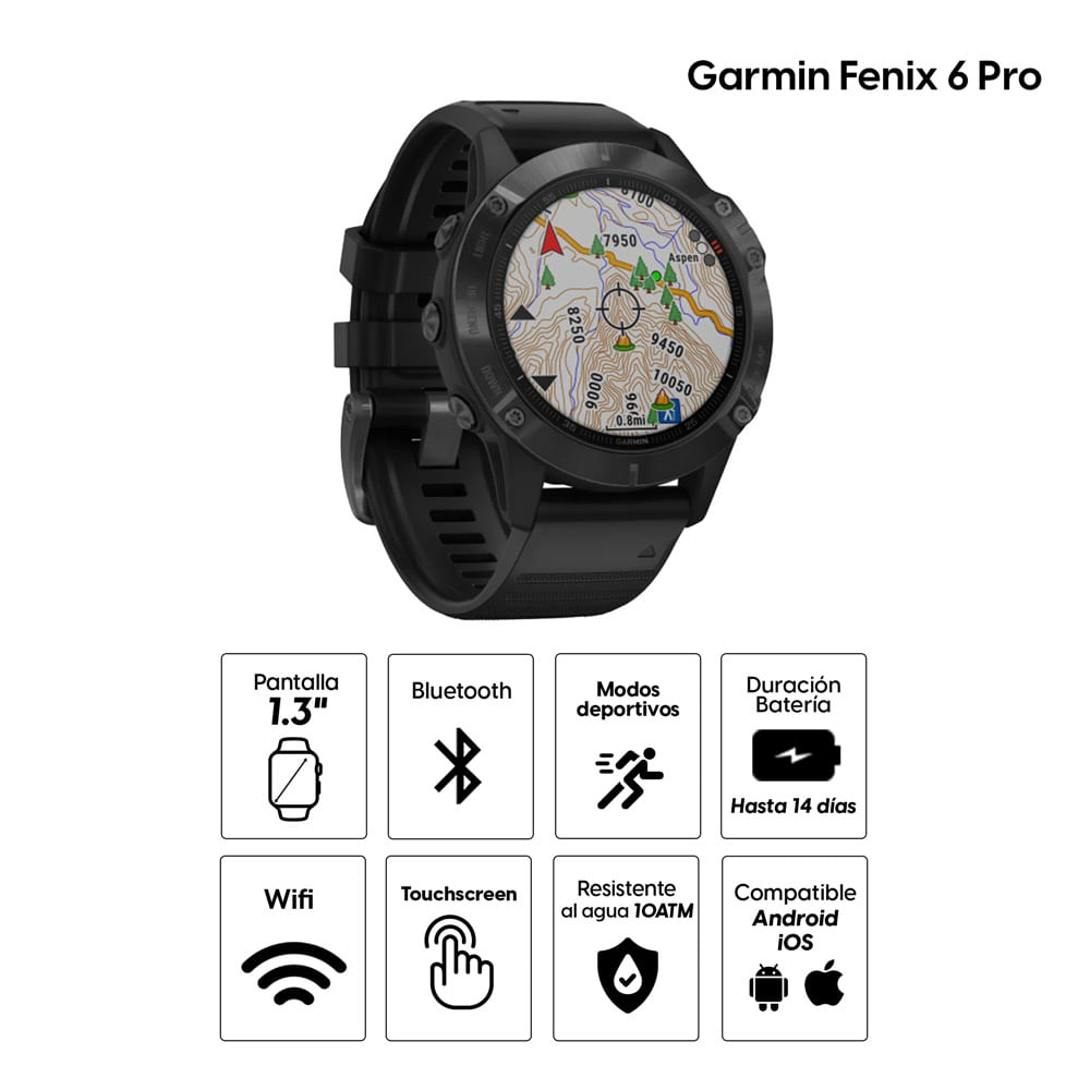 Imagen 2 del producto Smartwatch Garmin Fenix 6 PRO, gps, resistente al agua 10ATM, máx. 14 días, negro