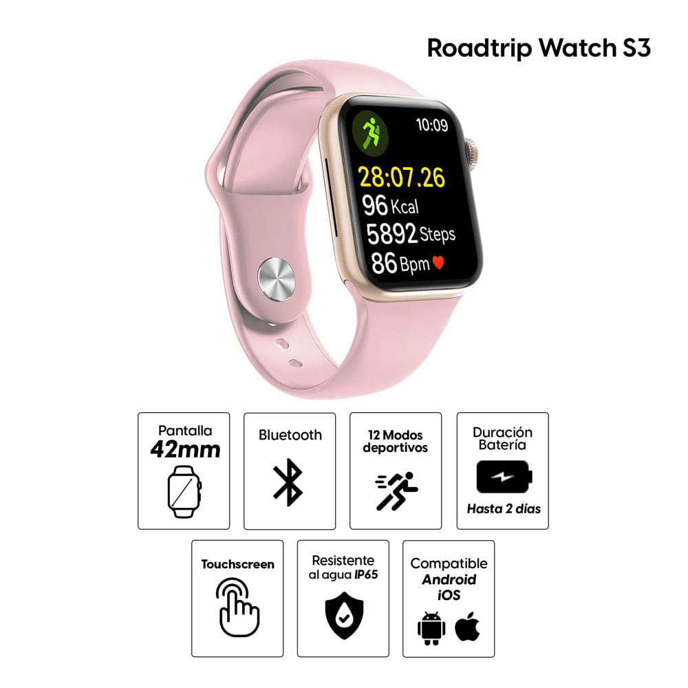 Imagen 2 del producto Smartwatch Roadtrip Watch S3 42mm, IP65, detección de frecuencia cardiaca y presión arterial, llamadas BT, rosa + correa deportiva Blanca