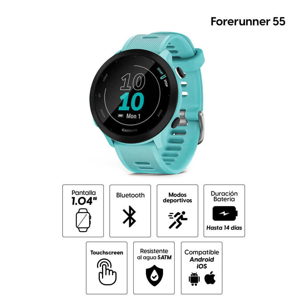 Imagen 2 del producto Smartwatch Garmin Forerunner 55, gps, 1.04"", resistente al agua 5 ATM, máx. 14 días, turquesa