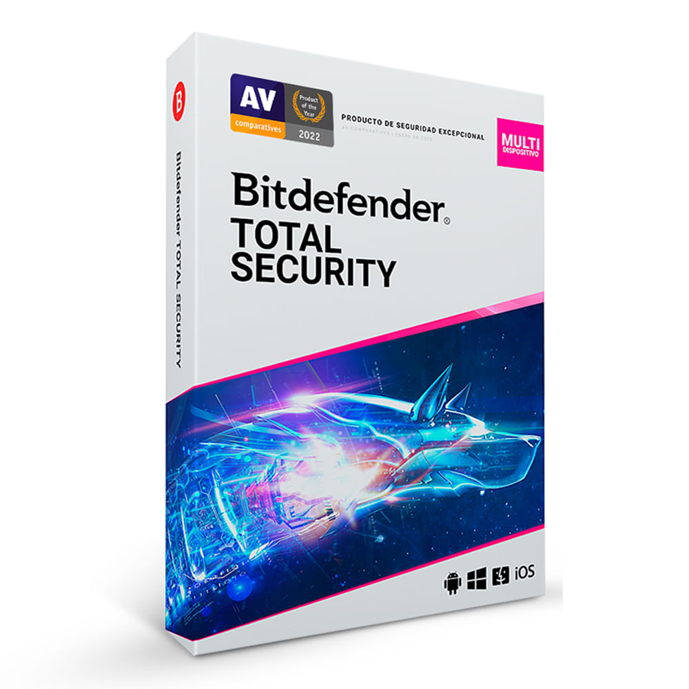 Antivirus digital Bitdefender Total Security para PC, Celular y Tablet, 5 dispositivos, 1 año