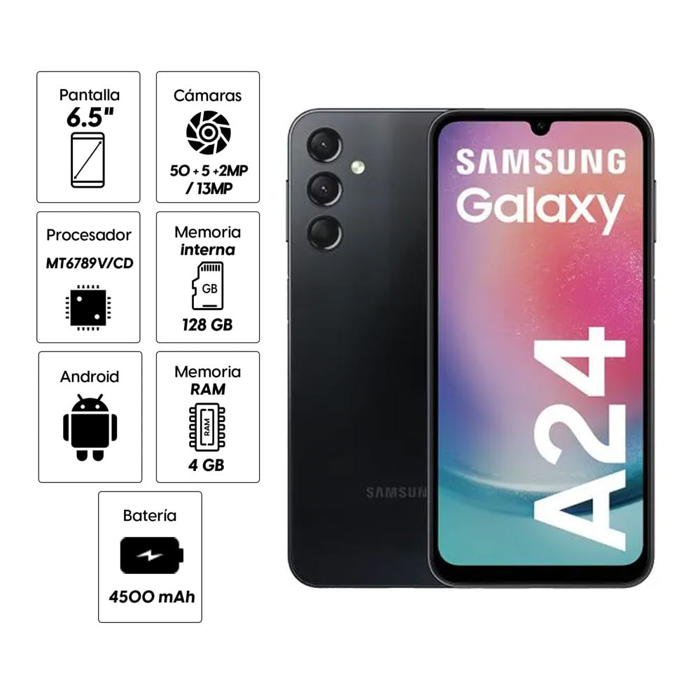 Imagen 2 del producto Celular Samsung A24 128GB, 4GB RAM, cámara trasera 50 MP y frontal 13MP, 6.5"", negro