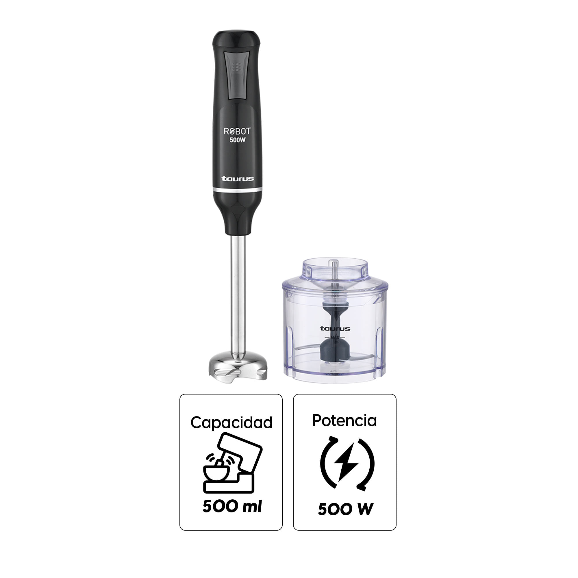 Imagen 2 del producto Batidora de inmersión Taurus Robot 500 Plus Inox II 500w, 1 velocidad, negro + cuchillas de acero inoxidable