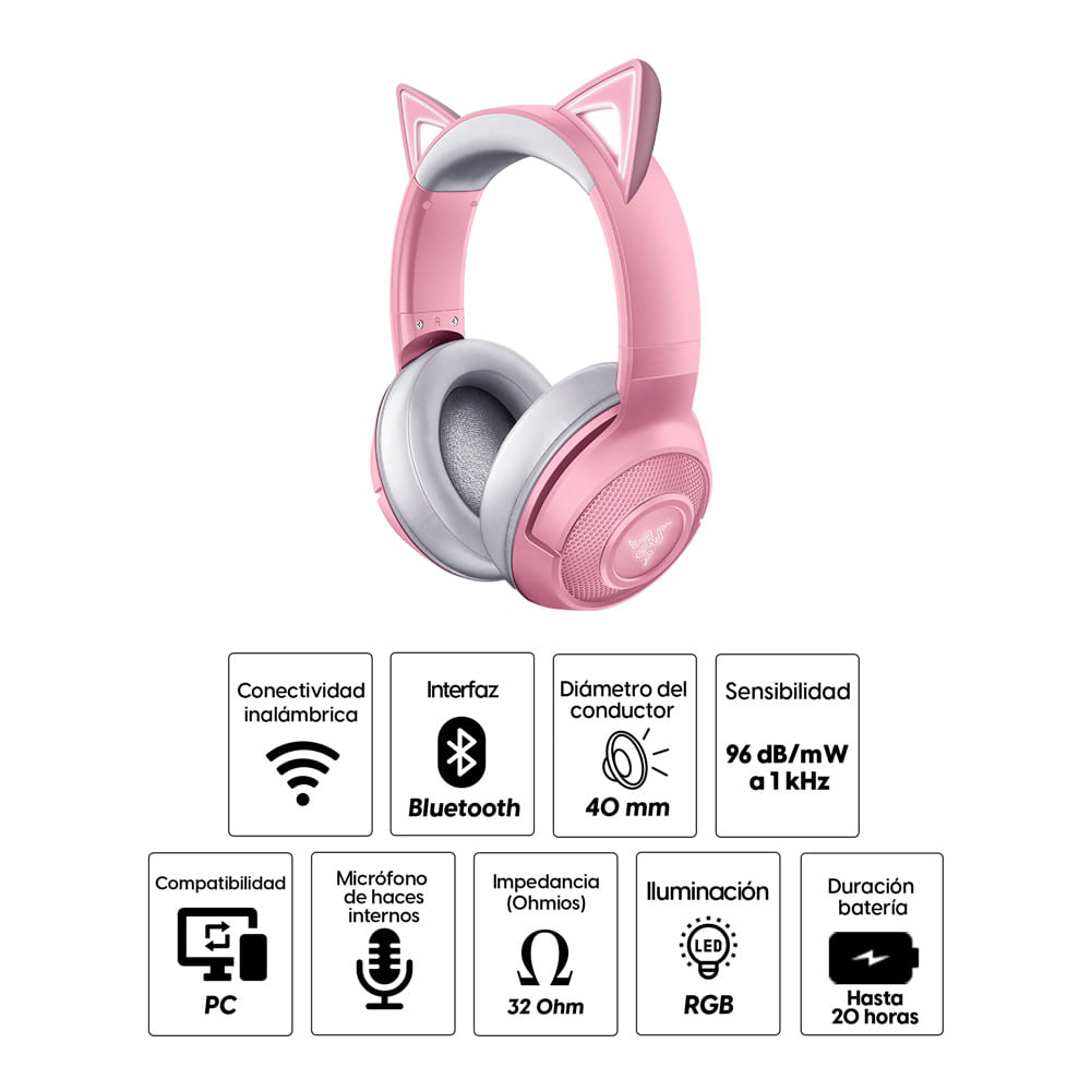 Imagen 2 del producto Audífonos gamer Razer Kraken Kitty Edition, inalámbricos, bluetooth, para PC, quartz rosa
