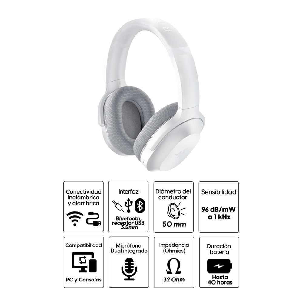 Imagen 2 del producto Audífonos gamer Razer Barracuda con micrófono, inalámbrico, bluetooth, PC y consolas, blanco