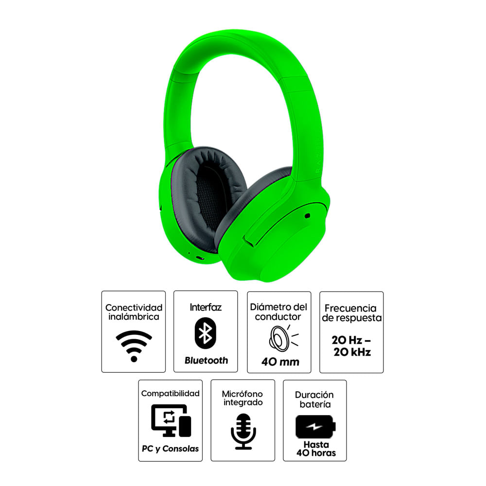 Imagen 2 del producto Audífonos gamer Razer Opus X con micrófono, inalámbricos, cancelación de ruido, verde