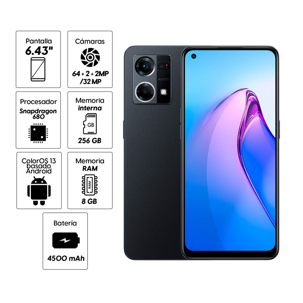 Imagen 2 del producto Celular Oppo Reno 7 256GB, 8GB RAM, cámara principal 64 + 2 + 2MP, frontal 32MP, 6.43"", negro + Earphone HD14 blanco