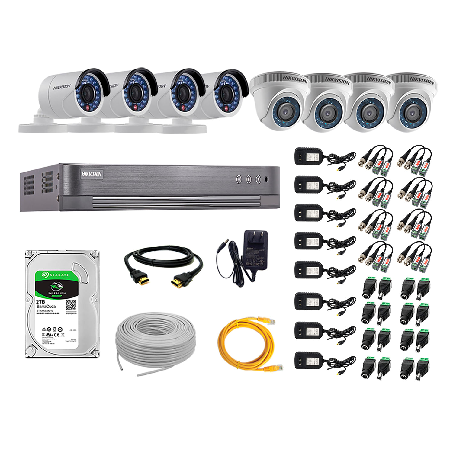 Kit de seguridad Hikvision 4 cámaras Domo Turbo 720P + 4 cámaras Tubo Turbo 720P + dvr + disco 2TB