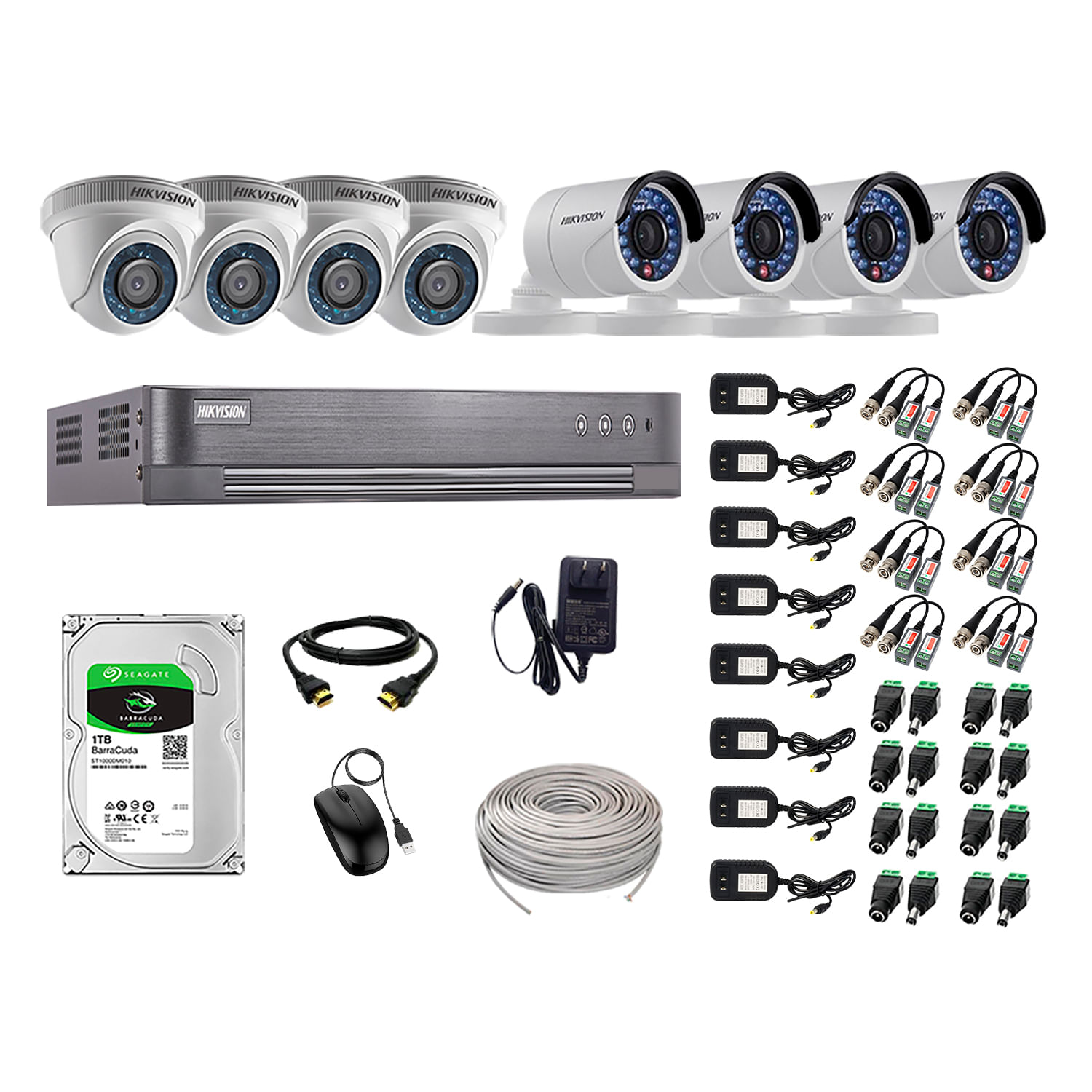 Kit de seguridad Hikvision 4 cámaras Domo Turbo 720P + 4 cámaras Tubo Turbo 720P + dvr + disco 1TB + 160 m de cable cat. 5E