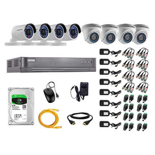 Kit de seguridad Hikvision 4 cámaras Domo Turbo 720P + 4 cámaras Tubo Turbo 720P + dvr + disco 2TB