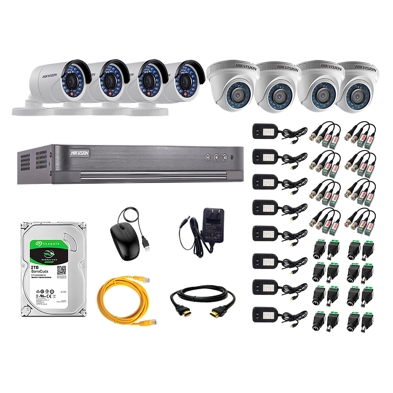 Kit de seguridad Hikvision 4 cámaras Domo Turbo 720P + 4 cámaras Tubo Turbo 720P + dvr + disco 2TB