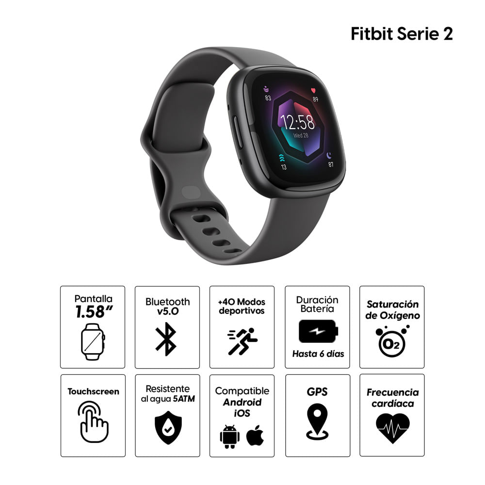 Imagen 2 del producto Smartwatch Fitbit Sense 2, Oled, 5ATM resistente al agua, Spo2, máx. 6 días, 1.58"", gris