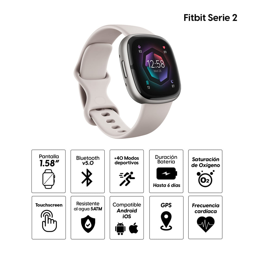 Imagen 2 del producto Smartwatch Fitbit Sense 2, Oled, 5ATM resistente al agua, Spo2, máx. 6 días, 1.58"", blanco