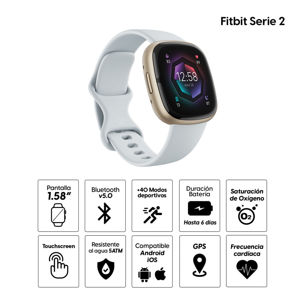 Imagen 2 del producto Smartwatch Fitbit Sense 2, Oled, 5ATM resistente al agua, Spo2, máx. 6 días, 1.58"", azul niebla