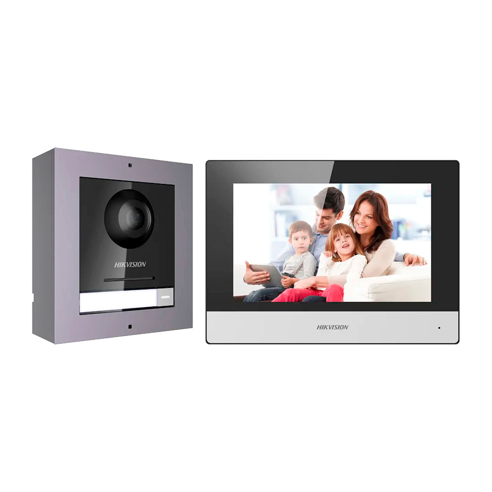 Kit videoportero IP, Hikvision, DS-KIS602, 2 MPx, monitor LCD 7”, tarjeta SD 16GB, + switch POE