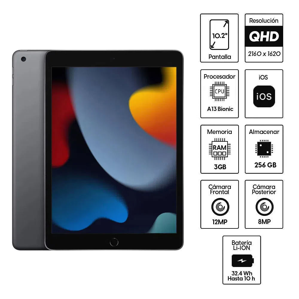 Imagen 2 del producto iPad (9na Gen) 10.2"" Wi-Fi, 256GB, 3GB RAM, cámara principal 8MP y frontal 12MP, A13 Bionic, gris espacial