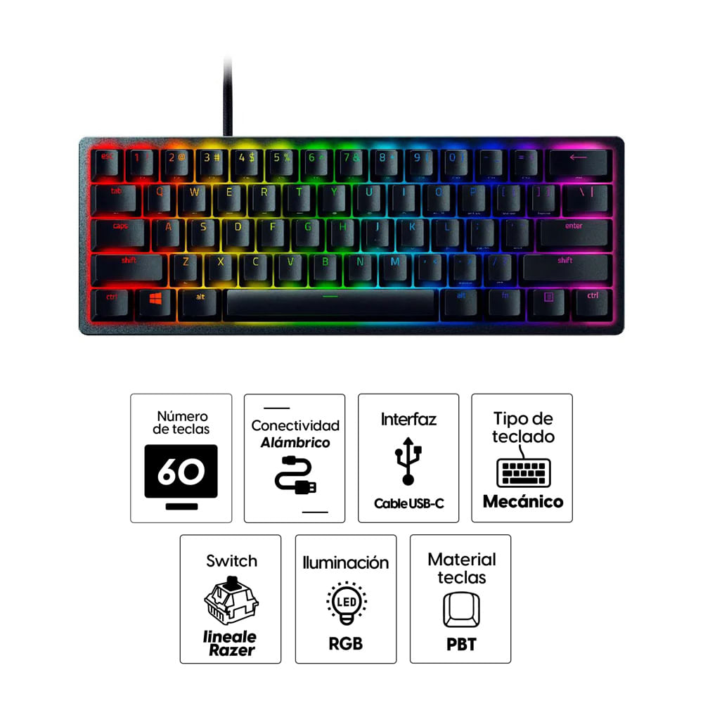 Imagen 2 del producto Teclado gamer alámbrico Razer Huntsman mini Opto, conexión USB, mecánico, Chroma RGB
