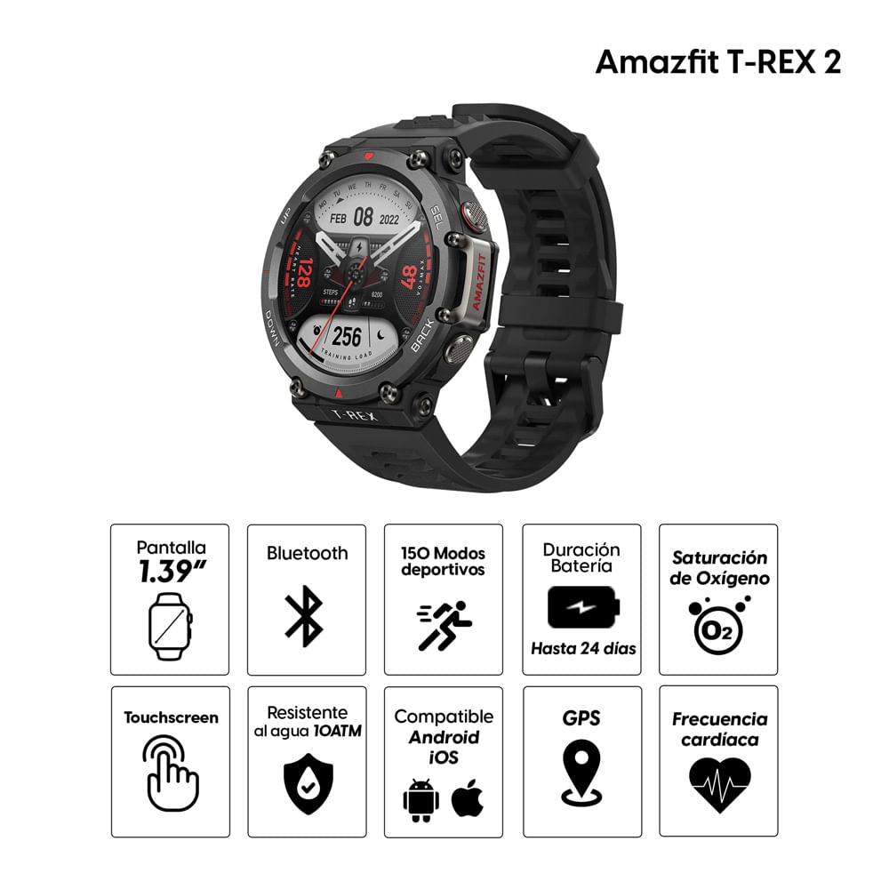 Imagen 2 del producto Smartwatch Amazfit T-REX 2, resistente al agua 10ATM, máx. 24 días, 150 modos deportivos, 1.39"", gps, negro