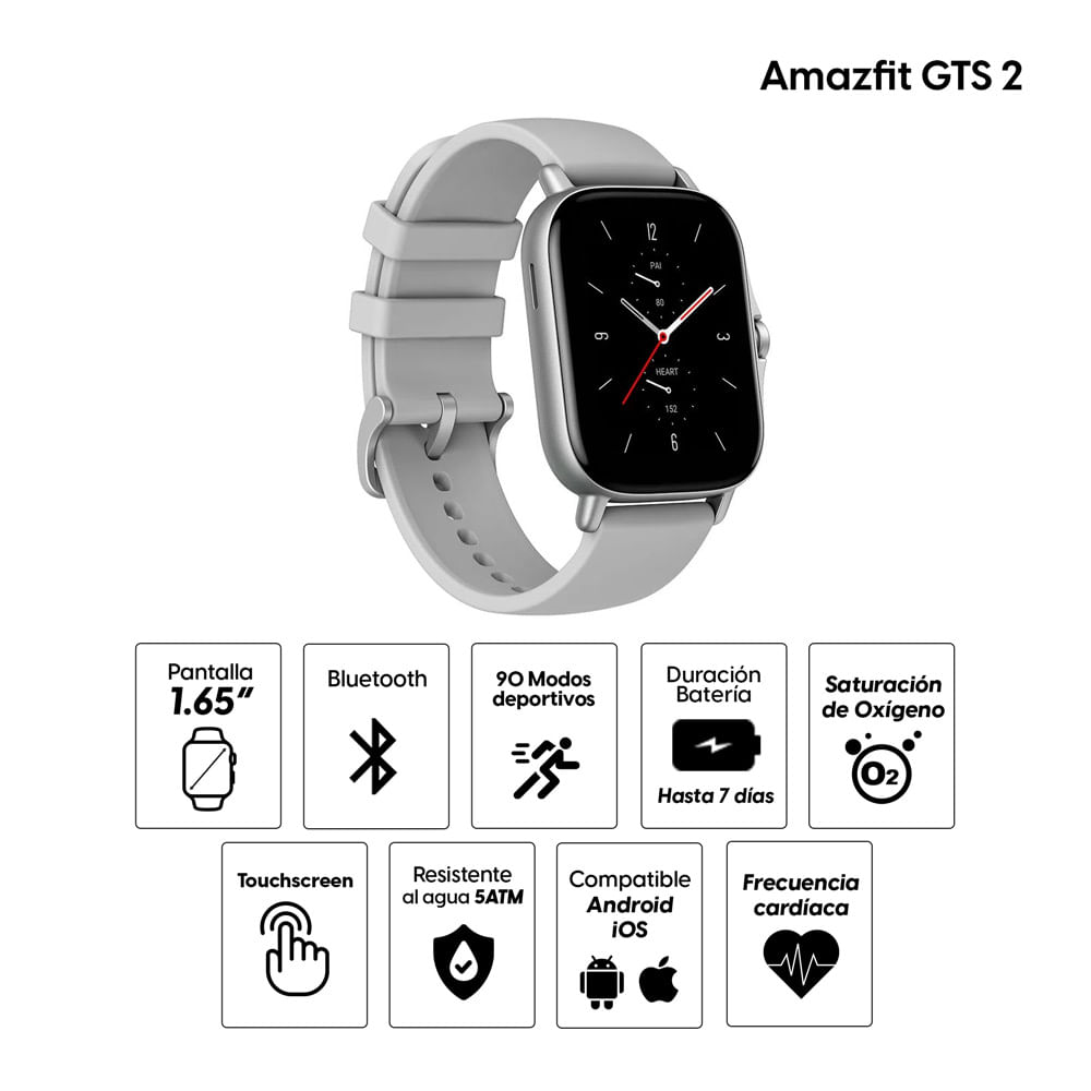 Imagen 2 del producto Smartwatch Amazfit GTS 2, resistente al agua 5ATM, batería hasta 7 días, 90 modos deportivos, 1.65"", recibe y contesta llamadas, gris