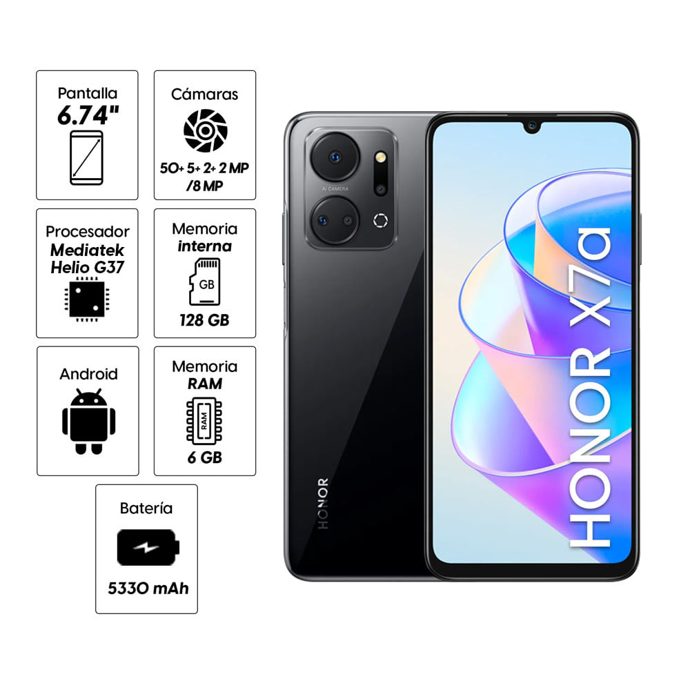 Imagen 2 del producto Celular Honor X7a 128GB, 6GB RAM, cámara trasera 50MP, frontal 8MP, 6.74"", negro