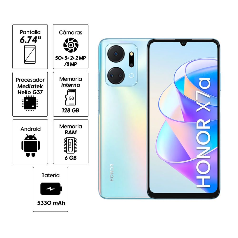 Imagen 2 del producto Celular Honor X7a 128GB, 6GB RAM, cámara trasera 50MP, frontal 8MP, 6.74"", plateado