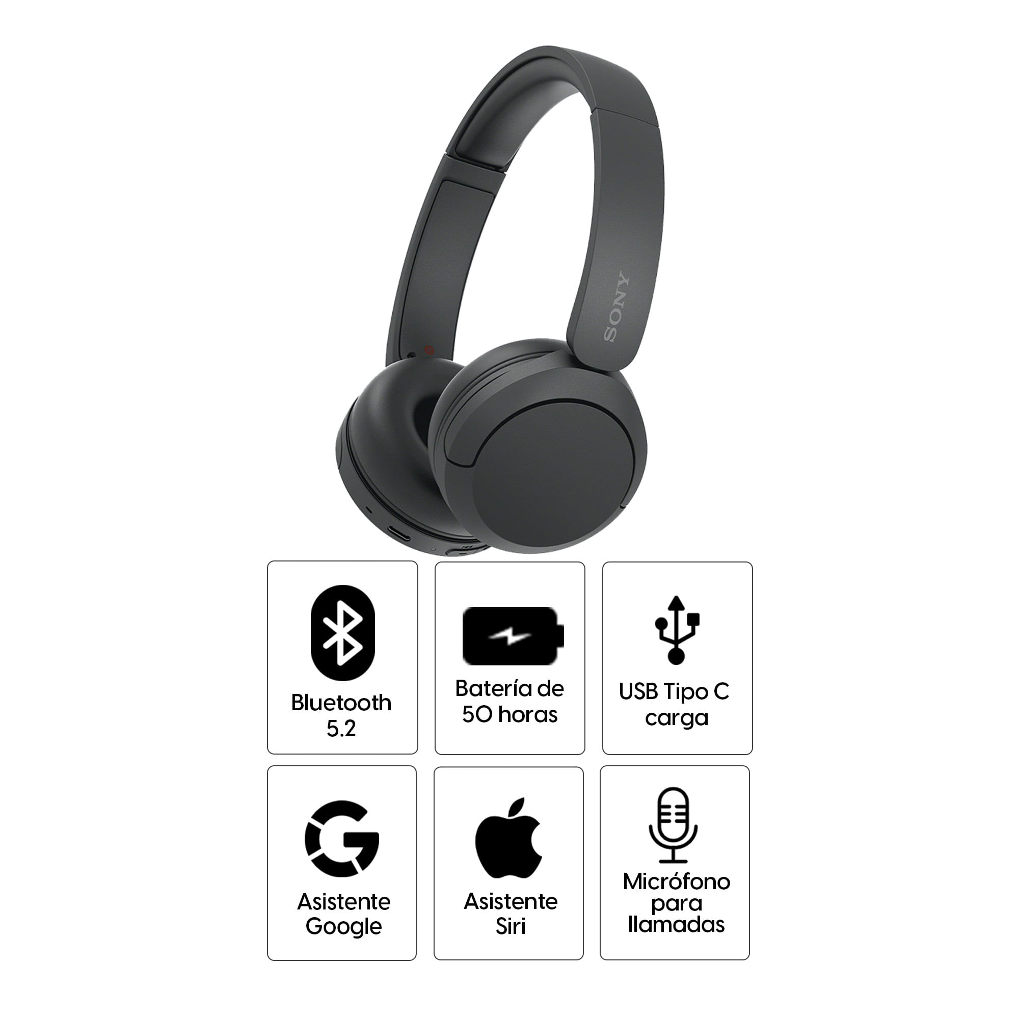 Imagen 2 del producto Audífonos bluetooth on ear Sony WH-CH520 micrófono incorporado, máx. 50 horas, control de música y llamadas, negro