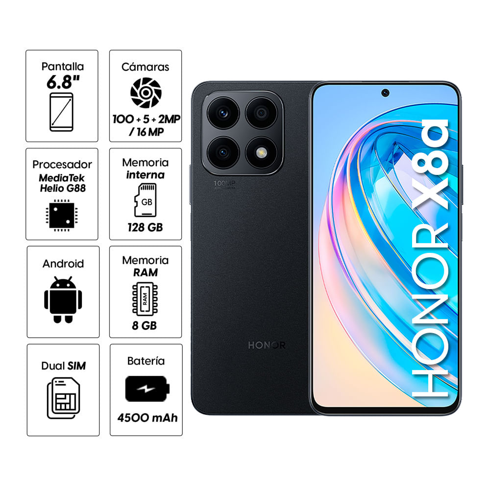 Imagen 2 del producto Celular Honor X8a 128GB, 8GB RAM, cámara trasera 100MP, frontal 16MP, 6.7"", negro