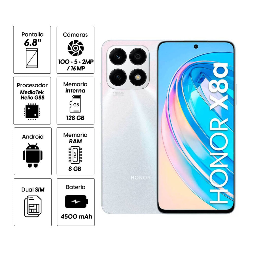 Imagen 2 del producto Celular Honor X8a 128GB, 8GB RAM, cámara trasera 100MP, frontal 16MP, 6.7"", plateado