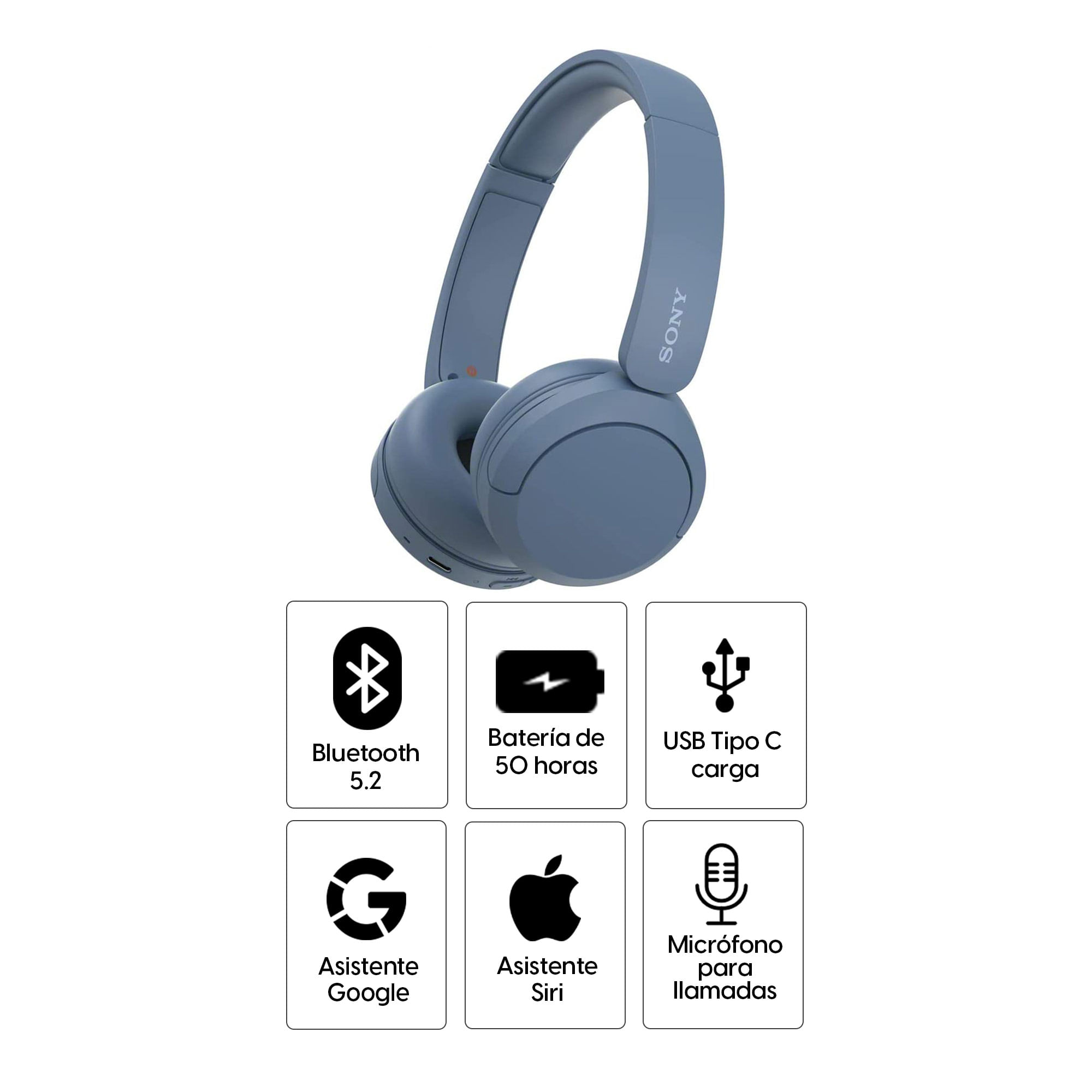 Imagen 2 del producto Audífonos bluetooth on ear Sony WH-CH520 con almohadillas acolchadas, máx. 50 horas, control de música y llamadas, azul