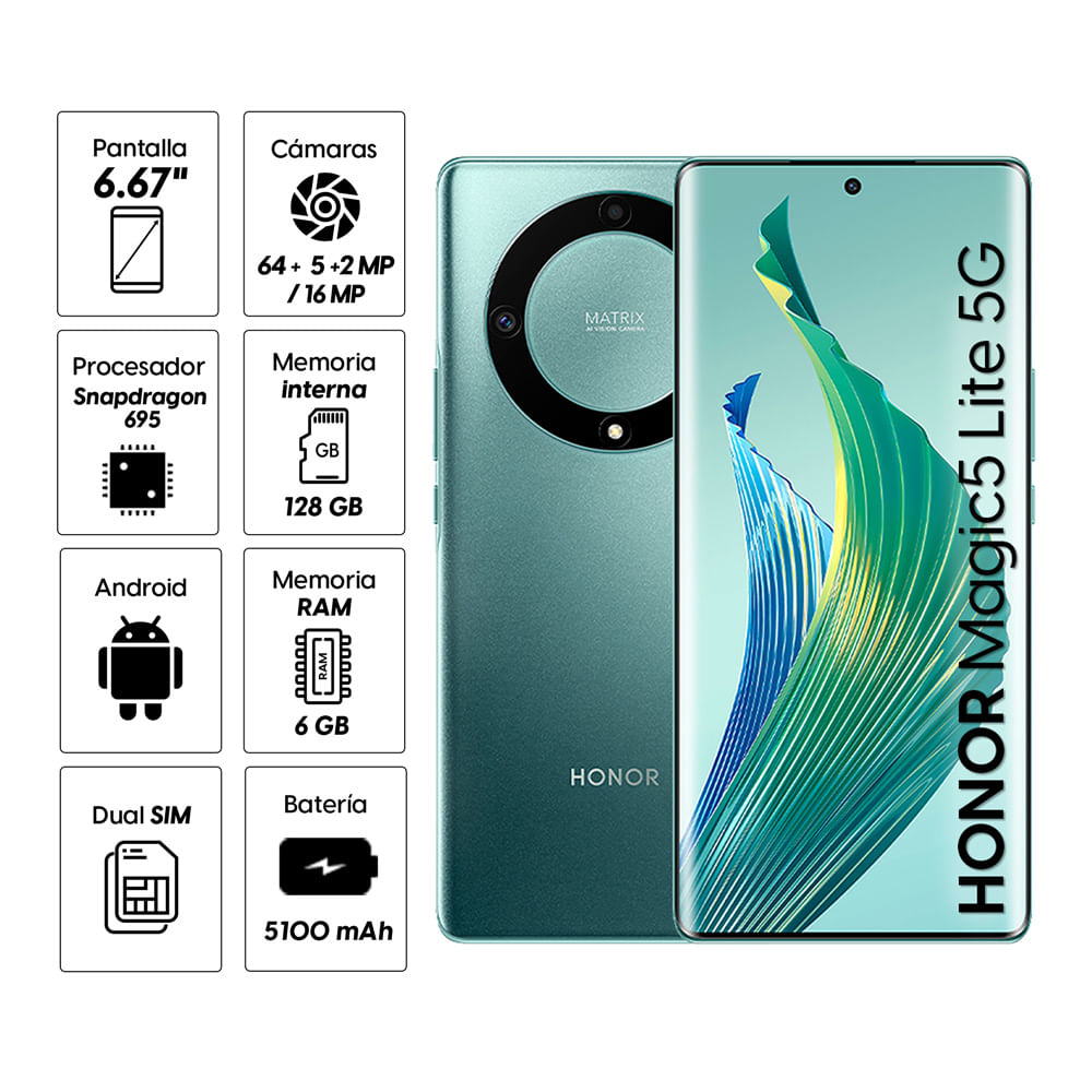 Imagen 2 del producto Celular Honor Magic 5 Lite 5G 128GB, 6GB RAM, cámara trasera, 64MP, frontal 16MP, 6.67"", verde