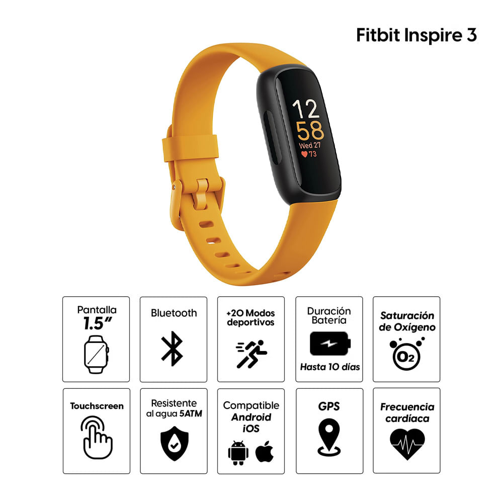 Imagen 2 del producto Smartwatch Fitbit Inspire 3, Amoled, 5ATM resistente al agua, SPo2, máx de 10 días, 1.5"", amarillo