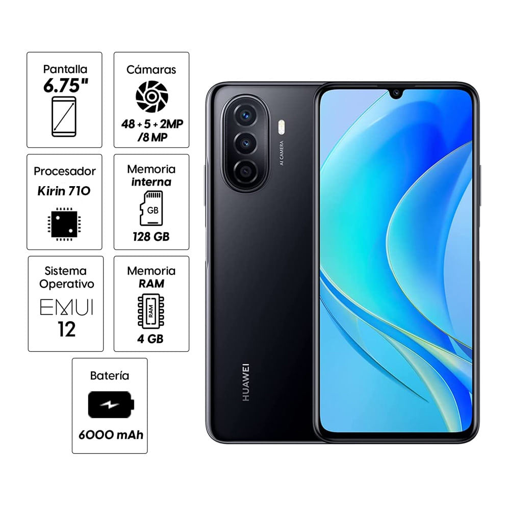 Imagen 2 del producto Celular Huawei Nova Y70 128GB, 4GB RAM, cámara trasera 48MP y frontal 8MP, 6.75"", negro (reempacado)