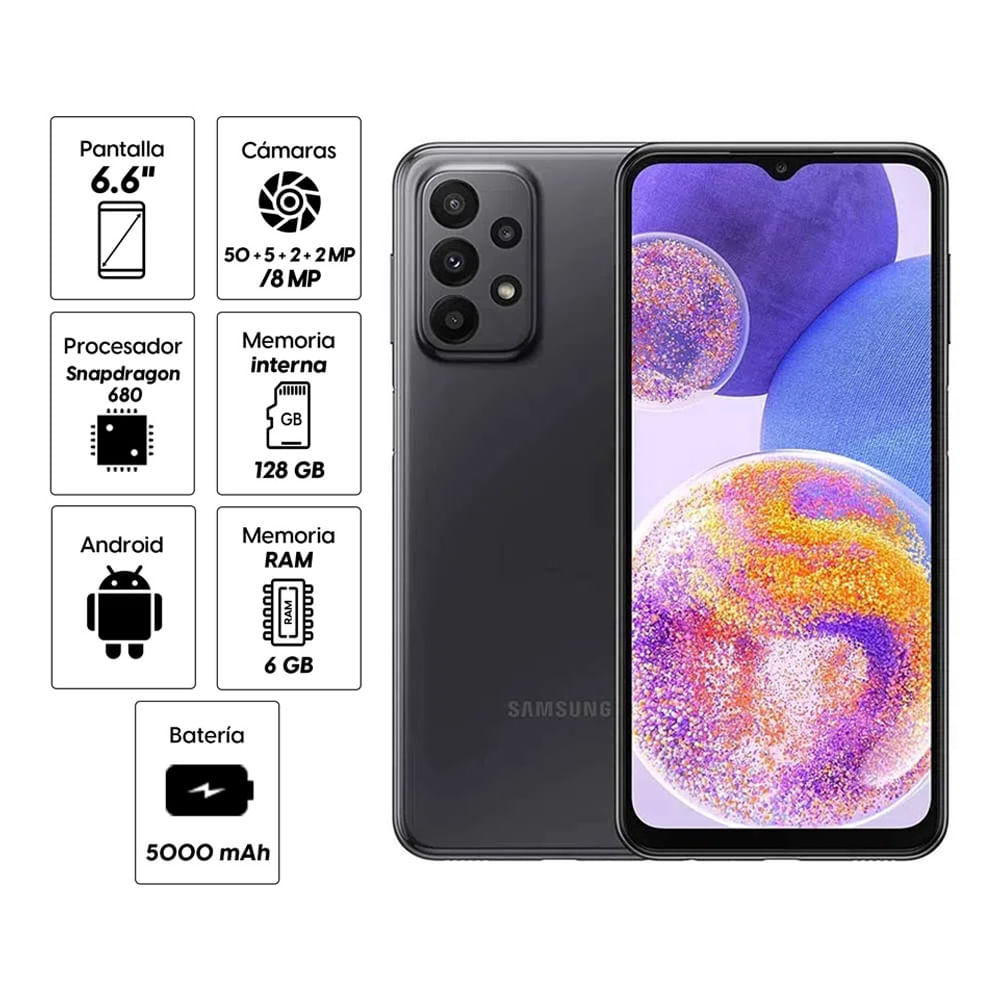 Imagen 2 del producto Celular Samsung Galaxy A23 128GB, 4GB RAM, cámara trasera 50MP y frontal 8MP, 6.6"", negro (reempacado)