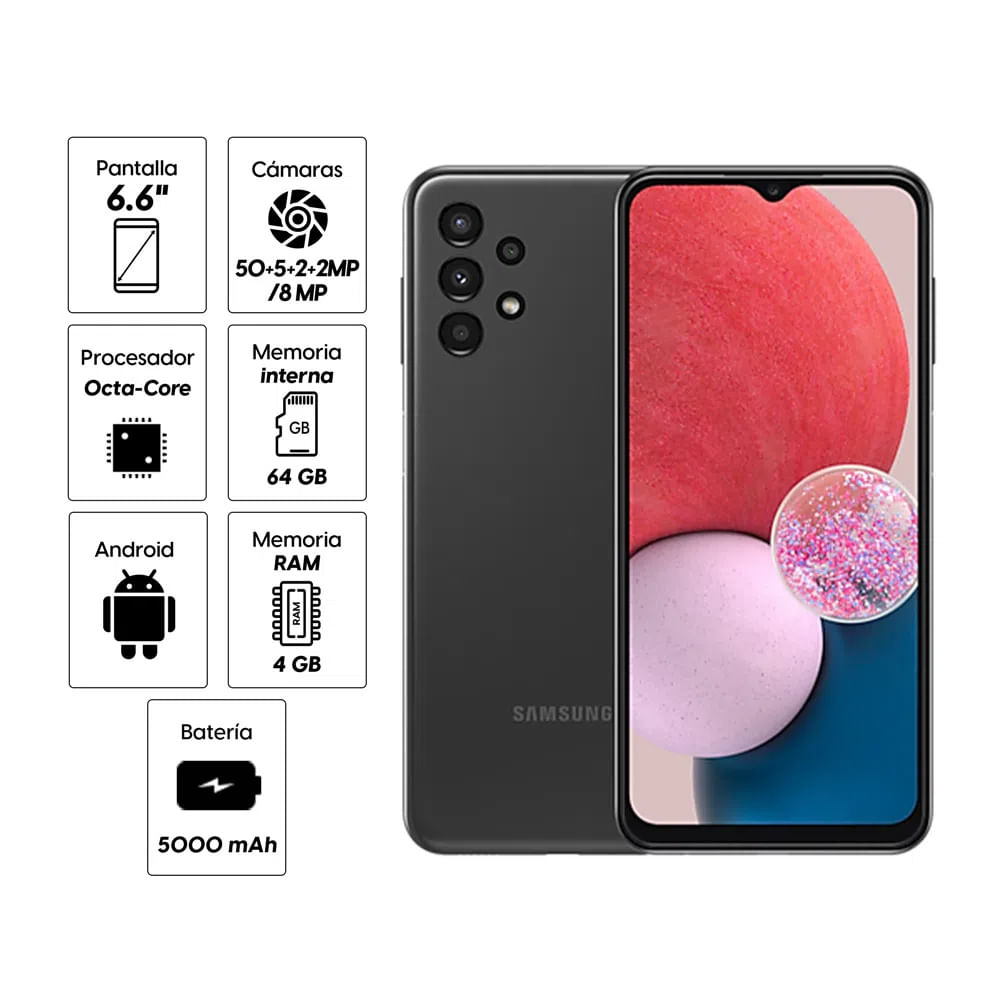 Imagen 2 del producto Celular Samsung Galaxy A13 64GB, 4GB RAM, cámara trasera 50MP y frontal 8MP, 6.6"", negro (reempacado)