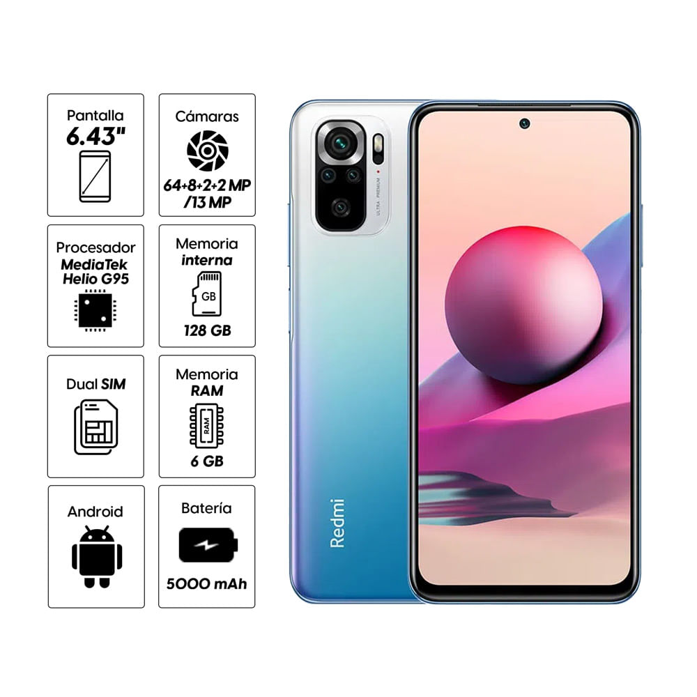 Imagen 2 del producto Celular Xiaomi Redmi Note 10S, 128GB, 6GB RAM, cámara trasera 64MP y frontal 13MP, 6.43"", azul (reempacado)